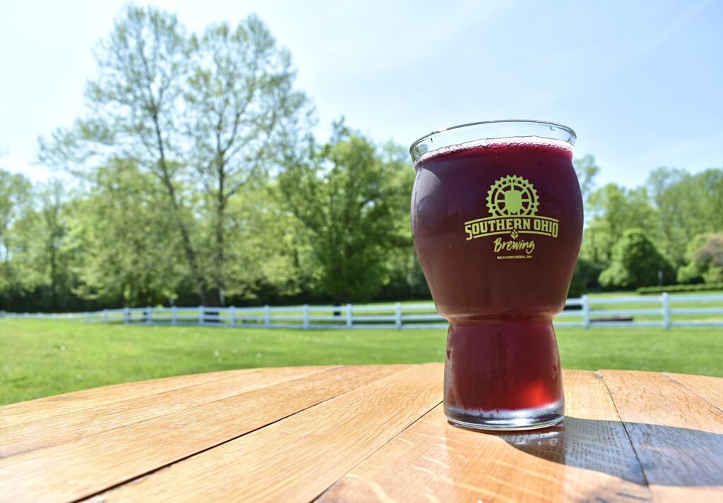 Draft beer on the patio outside at Southern Ohio Brewing in Beavercreek Ohio