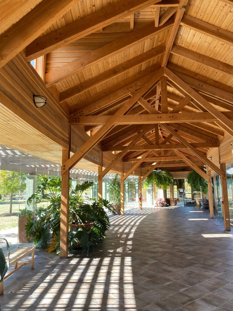 covered pergula walkway with stone flooring and large plants